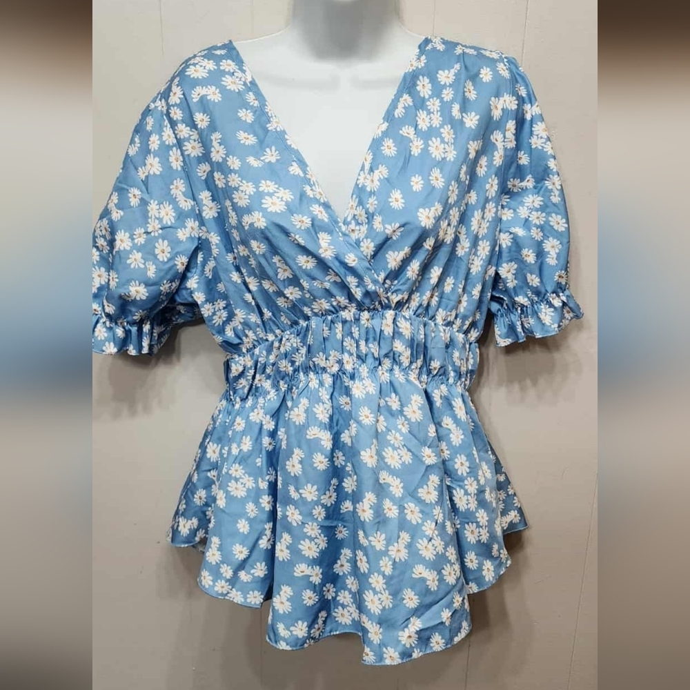 Floral Blue Women's Top Vneck‎ Short Sleeve Lightweight Casual Shein C482Z
